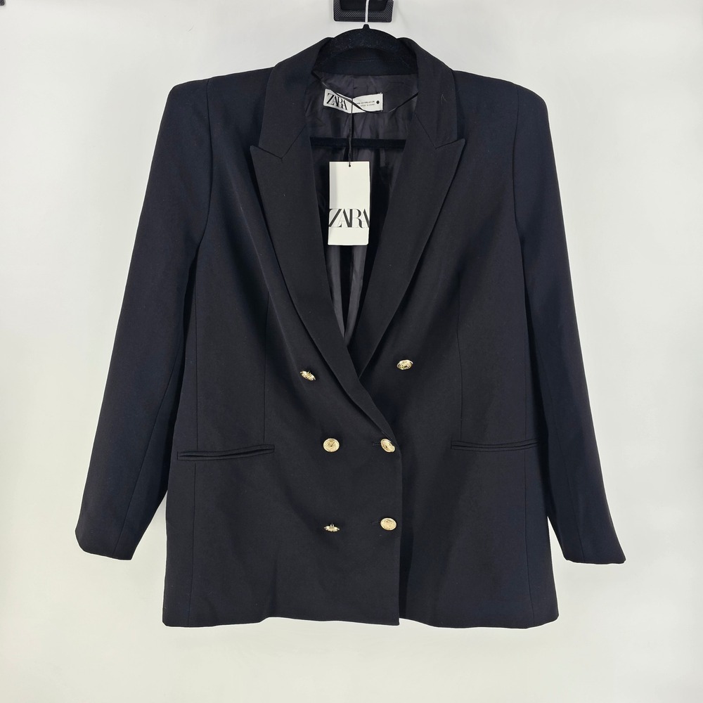 Zara Double Breasted Blazer Womens XXL Black Gold Button Boxy Captain Preppy NWT